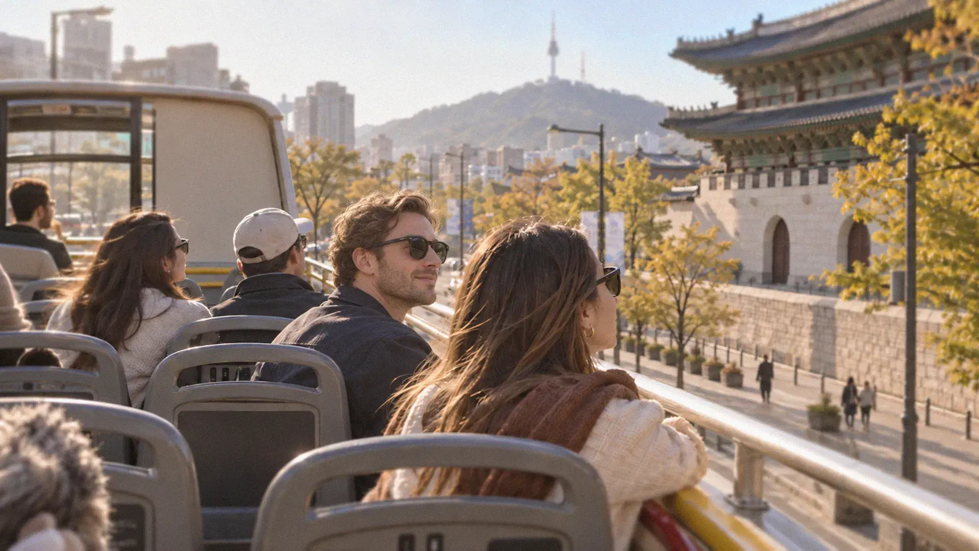 International travelers enjoying the city view from a Seoul City Tour bus